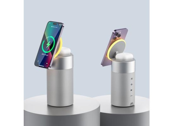 WIWU WI-W022 3 in 1 Multifunctional Wireless Charger 15W Fast Charging with Ambient Light Bluetooth Speaker 5W 360° surround-sound - White product thumbnail 2