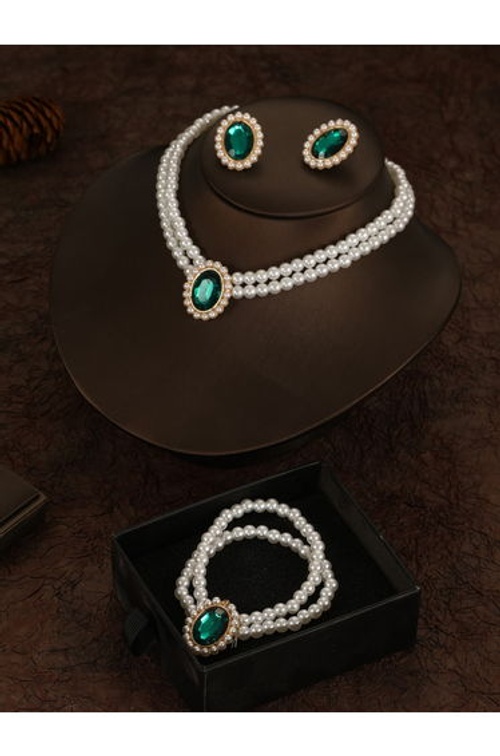 3-Piece Round Rhinestone Drop Faux Pearl Embellished Layered Necklace, Bracelet and Earrings Jewelry Set product thumbnail 4