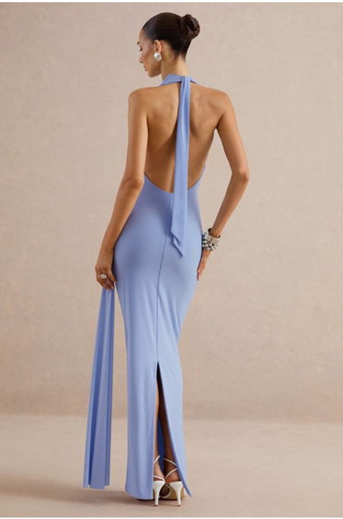 Maude | Light Blue Halter-Neck Draped Maxi Dress With Sash product thumbnail 2