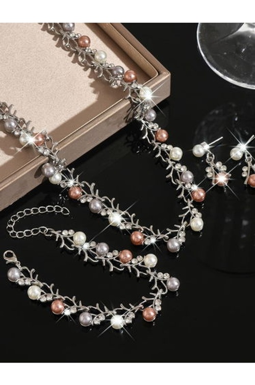 3-Piece Embellished Faux Pearl Necklace, Bracelet and Earrings Jewelry Set product thumbnail 4