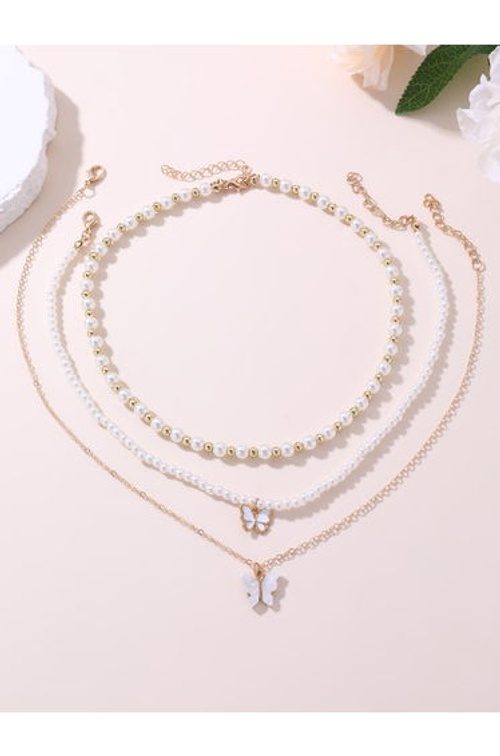 Pack of 3 - White Pearl and Butterfly Necklace product thumbnail 2