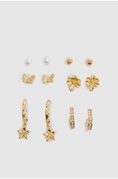 Pearl & Flower Earrings 6 Pack - gold