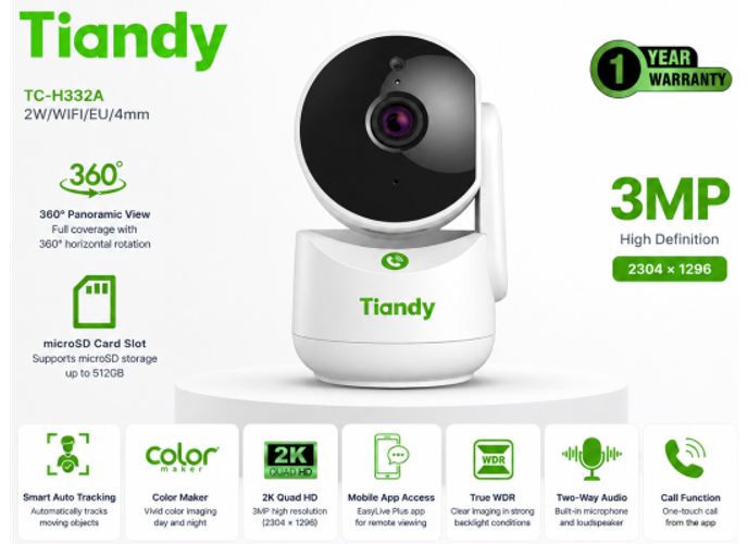 Tiandy TC-H332A 9DA-4 3MP Wi-Fi PT Indoor Security Camera with Auto Tracking product thumbnail 2