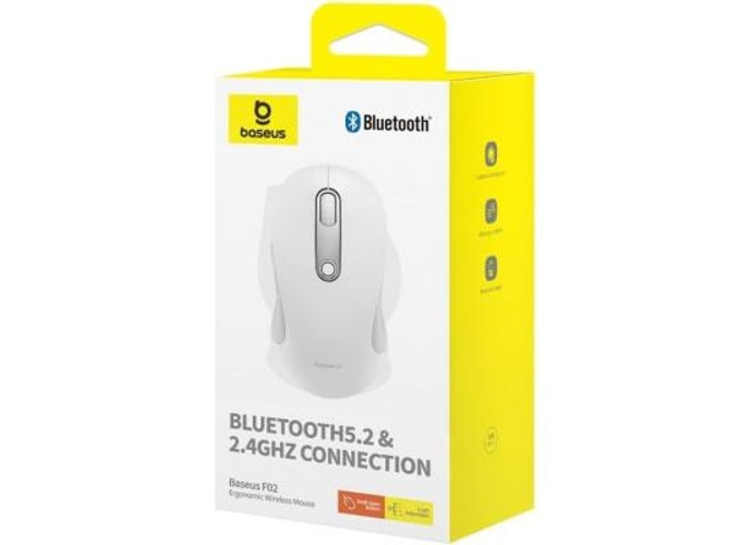 Baseus F02 Ergonomic Dual-Mode Wireless Mouse | Bluetooth 5.2 and 2.4Ghz Connectivity, Silent Buttons, 5 DPI Modes - White product thumbnail 2