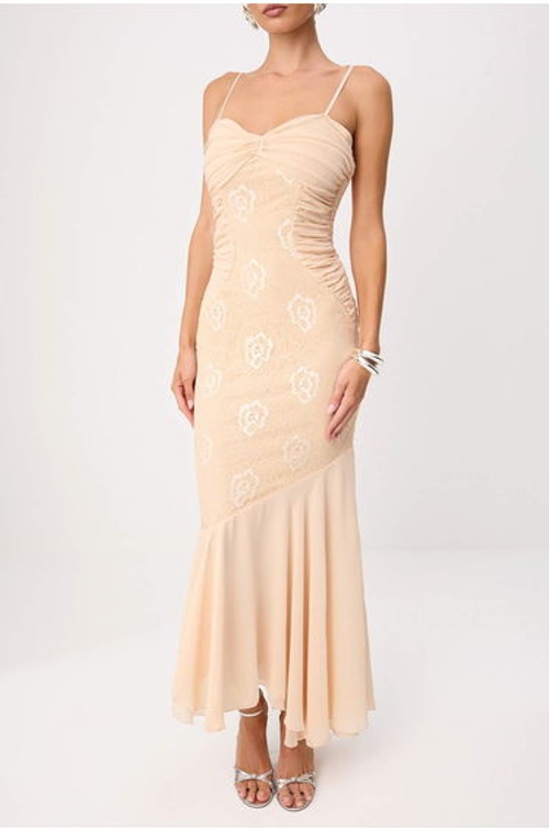 Powder Heart Collar Fish Form Lace Detailed Maxi Knitted Evening & Graduation Dress product thumbnail 4