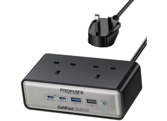 Promate PowerBrix2-GaN65 65W Power Delivery GaNFast Charging Station with 3250W Dual AC Socket, GaN Technology, Dual USB Port, Multi Protection System, Black | PowerBrix2-GaN65 - Black product thumbnail 2