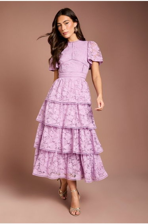 Tiered Lace Dress With Flutter Sleeve & Trims