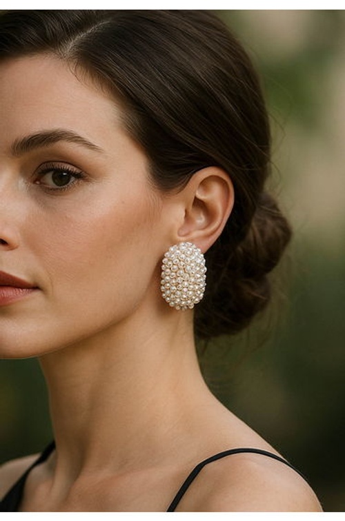 Faux Pearls Rhinestones Oval Earrings