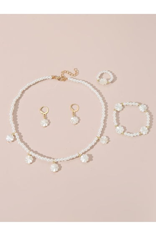 Set of 4 - Flower Pendant Faux Pearl Necklace, Bracelet, Earrings and Ring product thumbnail 3