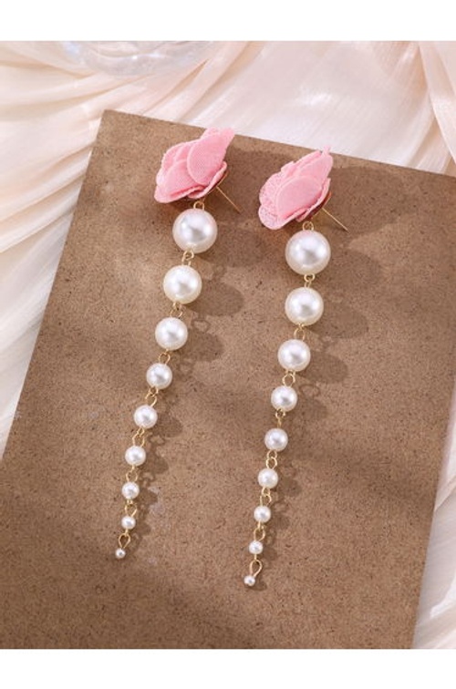 Pink Rose and Pearl Dangle Earrings product thumbnail 3