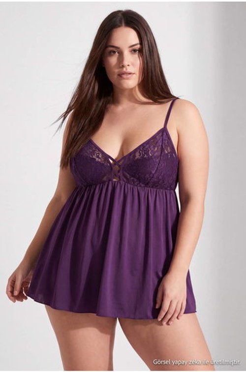 Plum Lace Detailed Fantasy Plus Size Babydoll