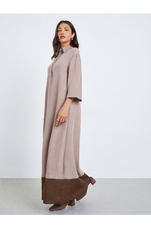 Women Beige Contrast Hem Collared Jalabiya product thumbnail 2