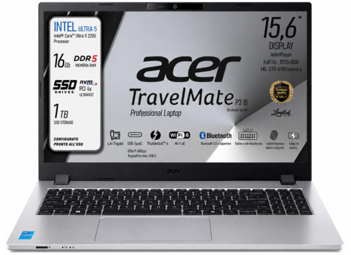 Acer TravelMate P2 15 (2025) Intel® Ultra 5 Gen II 225U 12-Cores Secure, Durable & High-Performance AI Business Laptop w/ TravelMateSense & Fast Charging - Silver product thumbnail 2