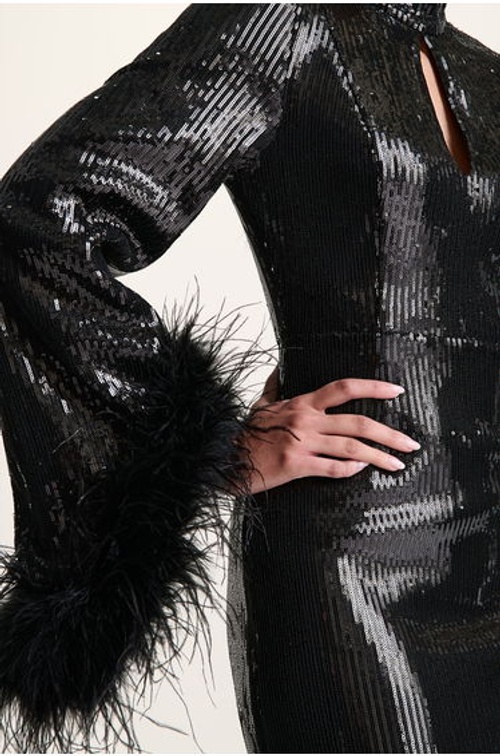 Cosmic Star | Black Sequin High-Neck Maxi Dress With Feather Cuffs product thumbnail 3