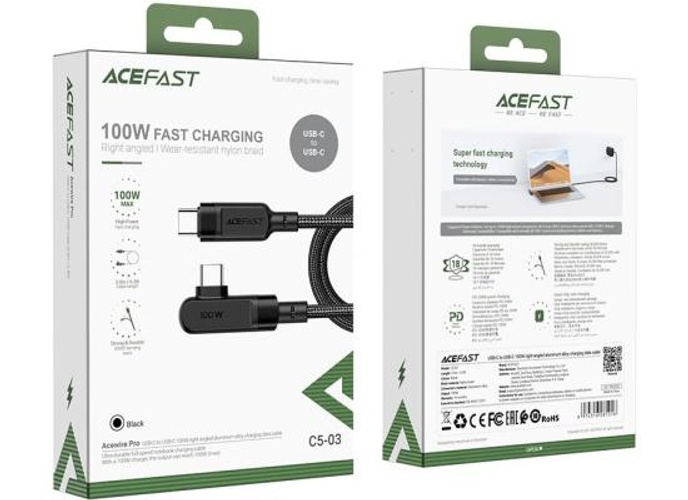 ACEFAST C5-03 USB-C to USB-C 100W Right Angled Charging Data Cable 2M - Black product thumbnail 2