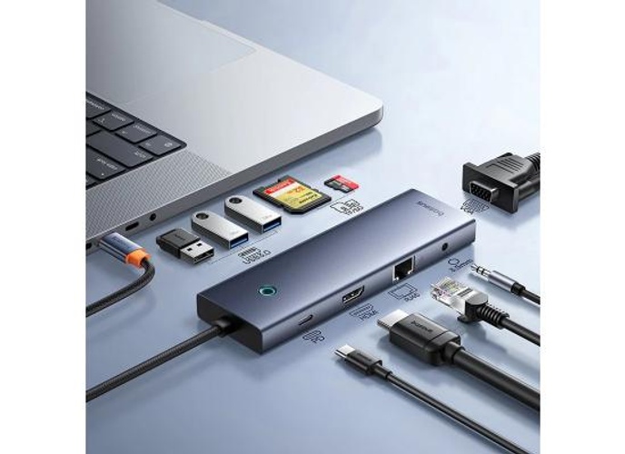 Baseus UltraJoy Series 10-Port HUB Docking Station, Type-C to HDMI, VGA, 3xUSB 3.0, PD, RJ45, SD/TF - Space Gray product thumbnail 2