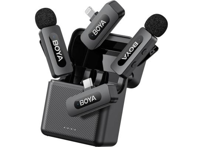 BOYA BY-V3 Combo Wireless Microphone for iPhone Android Smartphone,100M Los Range,36H Duration,Noise Cancellation,Plug&Play Lavalier Lapel Mics for Vlogging Interview 2-in-1 Charging Case(2TX+2RX) product thumbnail 2