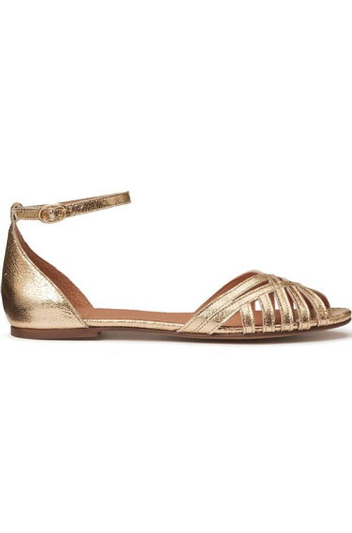 Metallic Leather Sandals with Ankle Strap and Flat Heel