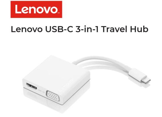 Lenovo USB-C 3-in-1 Travel Hub 4K HDMI, VGA, USB 3.0 Plug and Play , White product thumbnail 2
