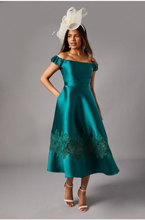 Petite Bardot Twill Midi Dress With Lace Trim