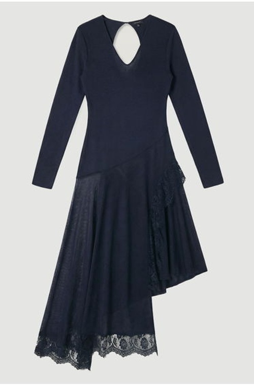 Viscose Blend Slinky Sheer Lace Detail Asymmetric Knit Maxi Dress product thumbnail 4