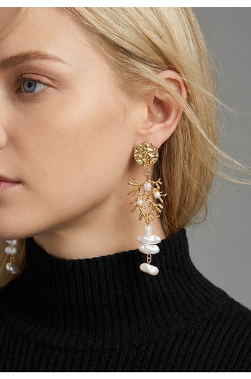 Pearl Coral Branch Disc Earrings for Resort Dinners & Holidays