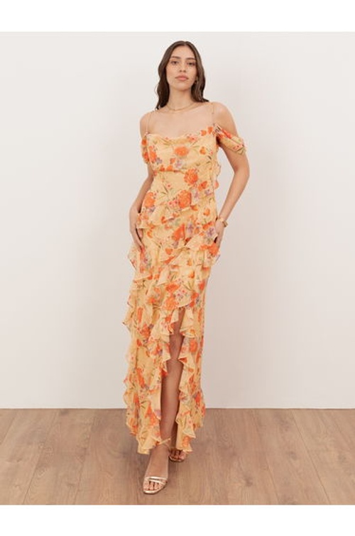 Anaya With Love Recycled Floral Print Cowl Neck Cold Shoulder Ruffle Maxi Dress