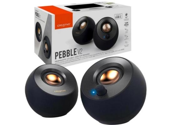 Creative Pebble V2 Minimalistic 2.0 USB-C Powered 3.5 mm AUX-in Up to 8W RMS Type-A Adapter Included & Extended Cable - Black product thumbnail 2