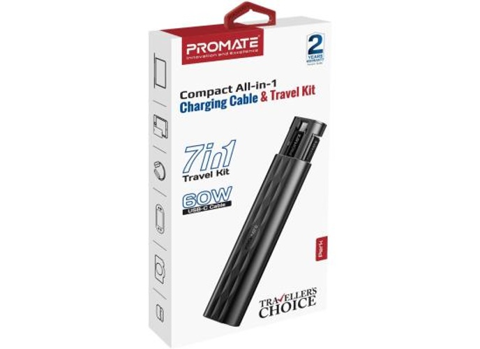 Promate Perk Compact All in 1 Charging Cable and Travel Kit, Supports a USB-C Cable, 20V/3A, Versatile Card Slots, 60W Fast Charge, Black product thumbnail 2