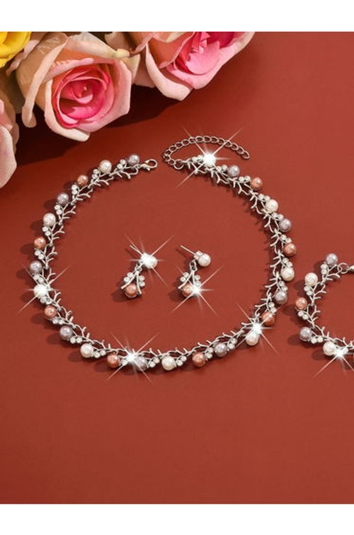 3-Piece Embellished Faux Pearl Necklace, Bracelet and Earrings Jewelry Set product thumbnail 3