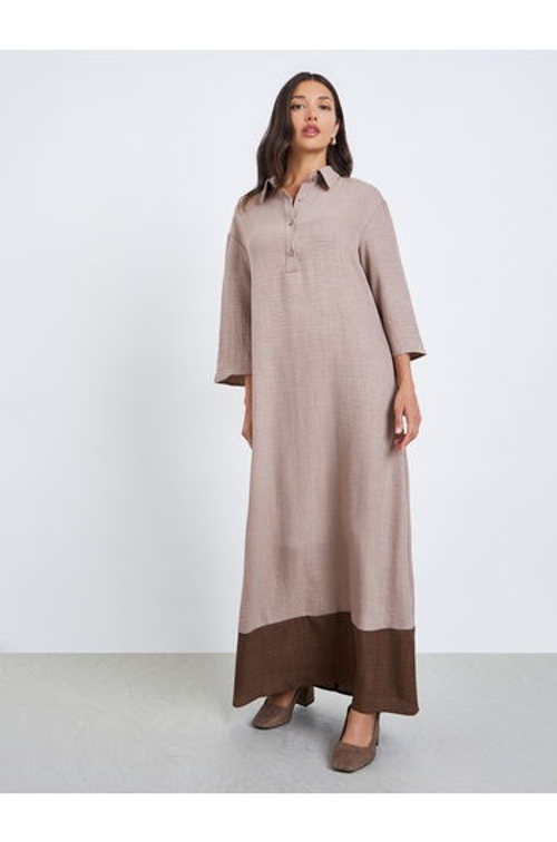 Women Beige Contrast Hem Collared Jalabiya