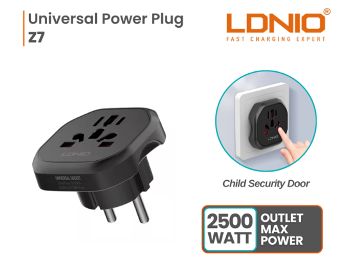 LDNIO Z7 Universal Travel Adapter with Power Strip | 4-in-1 International Plug Converter (UK, US, EU, AU) | 2500W Surge Protected Power Socket | Compact & Child-Safe product thumbnail 2