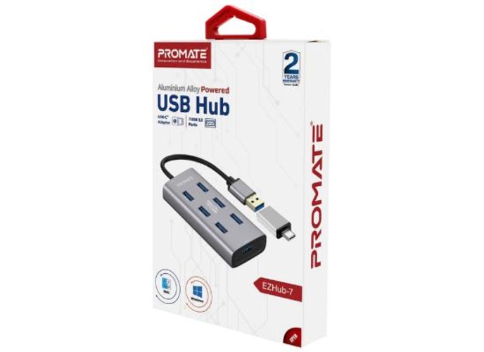 Promate EzHub-7 7 In 1 Aluminium Alloy Powered USB Hub 7 USB 3.0 Ports USB-C Adaptor 5Gbps Transfer Rate Data & Charge product thumbnail 2