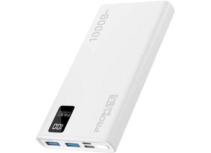Promate Bolt-10Pro Power Bank 10000mAh Ultra-Slim 10W USB-C Input/Output Dual USB LED Screen Over-Heating Protection - White product thumbnail 2