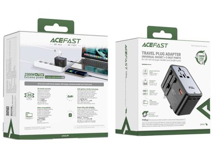 ACEFAST Z1 PD 75W Fast Charger 3 Type-C + 2 USB-A GaN Travel Power Socket with EU / UK / US / AU Plug - Black product thumbnail 2