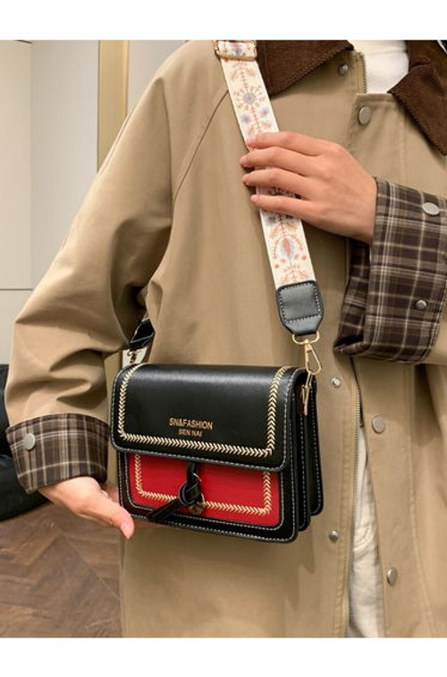 Black Color Block Shoulder Bag with Flap Closure product thumbnail 4