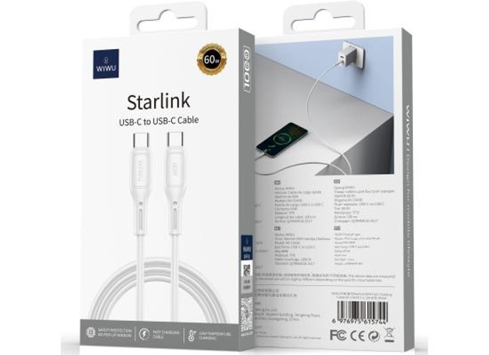 WiWU Wi-C04ЗE Starlink 60W Fast Charging & Durable Cable With USB-C to USB-C Cable 1M - White product thumbnail 2