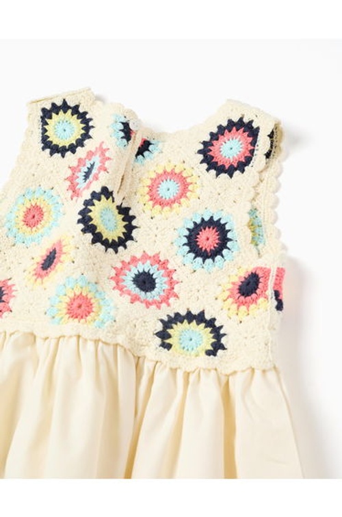 Dual-Fabric Dress With Crochet Flowers For Girls, Light Beige product thumbnail 3