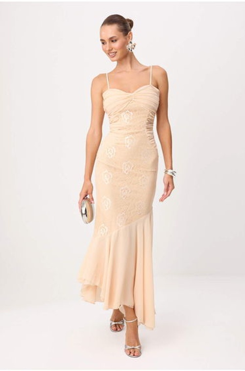 Powder Heart Collar Fish Form Lace Detailed Maxi Knitted Evening & Graduation Dress product thumbnail 2