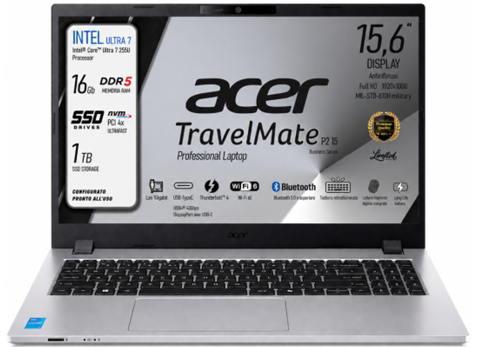 Acer TravelMate P2 15 (2025) Intel® Ultra 7 Gen II 255U 12-Cores Secure, Durable & High-Performance AI Business Laptop w/ TravelMateSense & Fast Charging - Silver product thumbnail 2