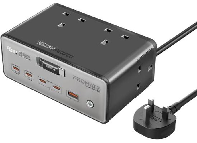 Promate PowerBrix-160 GaNFast 160W Charging Hub, Quad 3250W AC Sockets, 140W PD3.1 Usb-c, 100W USB-C, Dual 30W USB-C PD, 30W USB-A, Retractable Cable, 3m Power Cord - Gray product thumbnail 2