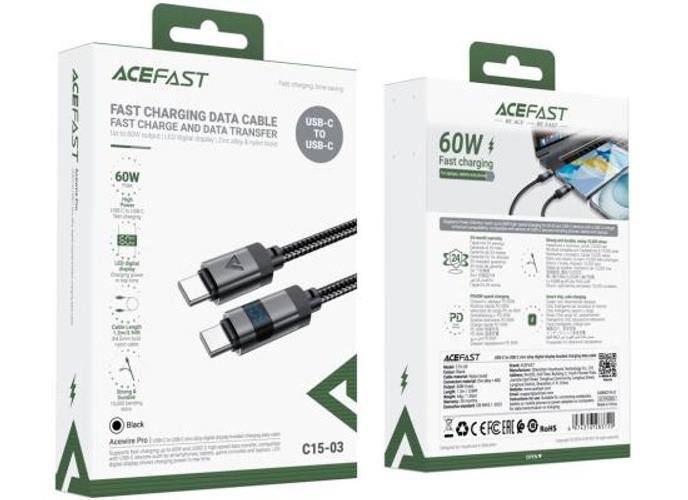 ACEFAST C15-03 1.2m USB-C to USB-C Charging Cable LED Power Display Braided Data Cord - Black product thumbnail 2