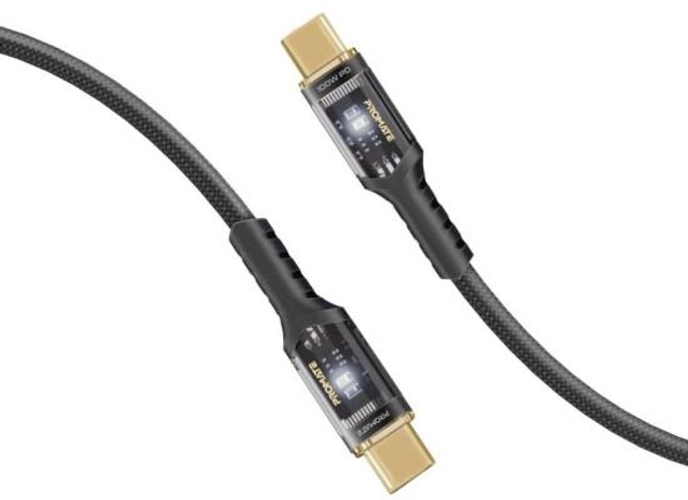 Promate LucidLine-CC120 USB-C™ to USB-C™ Cable Fast-Charging 100W with Transparent Tips LED 480Mbps Data Sync 120cm Nylon Braided - Black product thumbnail 2