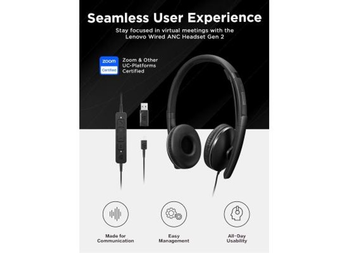Lenovo Wired ANC Headset, USB-C and USB-A connectivity, Zoom Certified, Active Noise Cancellation, Hearing Protection, 145g Lightweight Comfortable Design, Replaceable Earcups, Business Headset product thumbnail 2