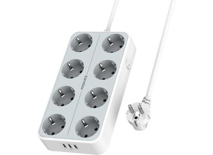 Promate PowerCord8EU-2M Premium 11-in-1 Power Socket 8x 4000W AC Sockets 3x USB Intellicharge Ports 2m Cable - White product thumbnail 2