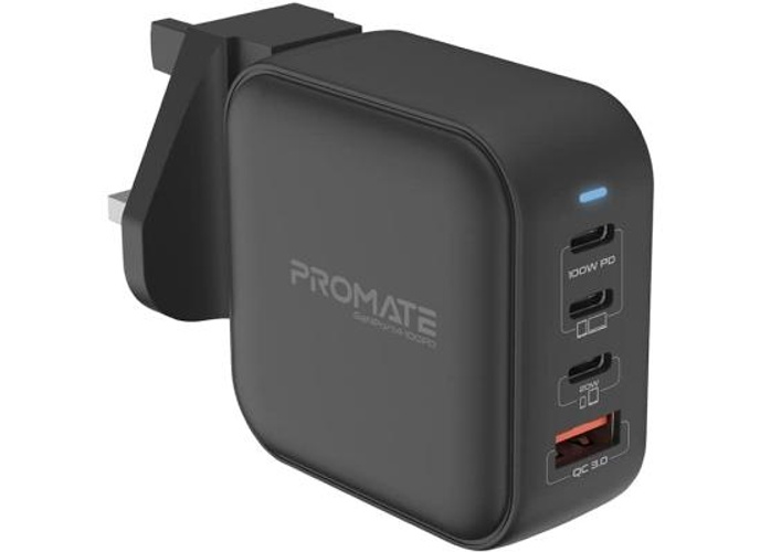 Promate GaNPort4-100PD USB-C Charger 100W GaN Technology Fast Dual Type-C Charger w/ 20W USB-C Port 18W QC 3.0 Port product thumbnail 2