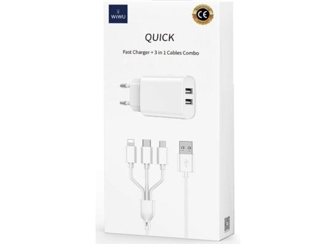 WIWU Wi-U003 Quick Series Dual USB Charger with 3 in 1 USB To Type-C + Lightning + Micro, Charging Data Cable Set- White product thumbnail 2