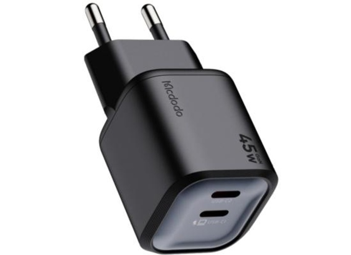 Mcdodo Gana Mini 45W GaN Charger – 2-Port Fast Wall Charger with Dual USB-C, Compact Design, Compatible with Laptops, Tablets, Smartphones & More - Black product thumbnail 2