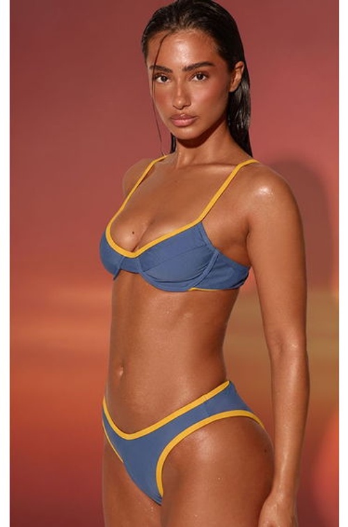 Navy Contrast Binding Tanga Bikini Bottoms