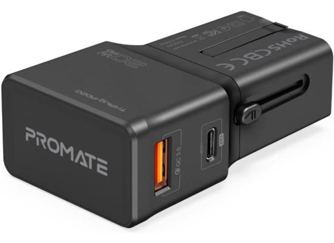 Promate TriPlug-PD20 Universal Compact 20W Travel Adapter Fast Charge 3.0 US/UK/EU/AU Plug Stylish Sliding Design - Black product thumbnail 2